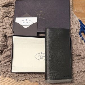Prada Black and Gray Pebbled Leather Long Wallet